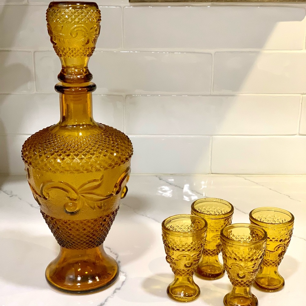Vintage Amber Glass Decanter Set